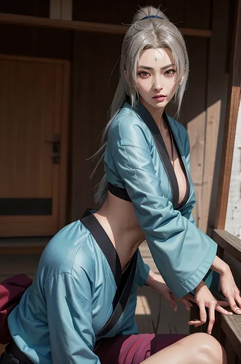 Tsunade Senju, Bela, ​masterpiece, extremely detaild, best qualityer, best ilumination, best shade, face perfect, shiny brown eyes, blue mark on forehead, wearing a gray kimono with a red belt and a green jacket, 1 girl, big boobies, big-ass, leaning forwa...