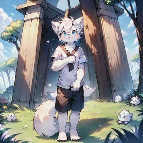 （（best quality，high resolution，masterpiece））Boys have strong sexual desire，Furry arctic fox，Cute face，Extremely fine fur，Soft white hair，（（White short sleeves，Black shorts）），（（Only grass in the background）），panoramic，one person，Standing，Beautiful delicate ...