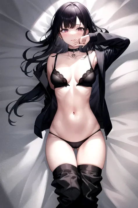 1girl, R18, white bed background, Above the thighs only, ,lying in bed, Barely covering the nipples, barely covers the genitals, Be careful behind, black hair, long hair, black solid choker around neck, cat eyes, cat eyes썹, moderate chest, Black bra, broke...