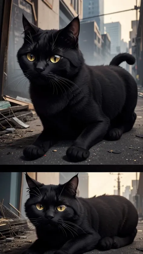 Certainly! Here is an English prompt for creating an AI-generated image with the specified details:

“Create a high-resolution image of a black cat with detailed fur. The background should depict an urban decay scene.”

If you need more specific instructio...