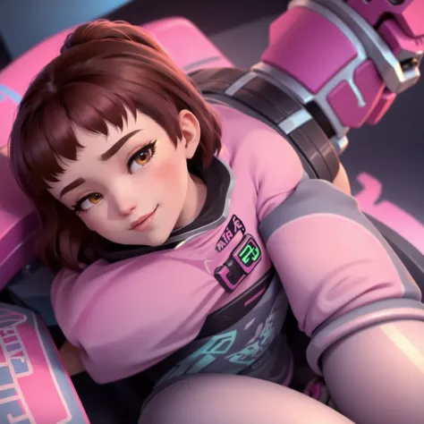 DVA from Overwatch without her mech, a woman with short brown hair in a ponytail,she sits with her legs spread, high quality refelctions, volumetric lighting, she is wearing her classic thin tight figure hugging soft pink white and blue full bodysuit, in h...