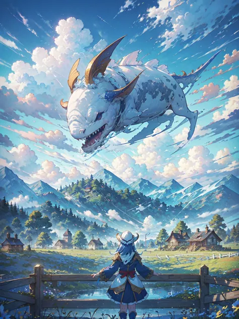 Dancing in the blue sky(Leviathan:1.1),Vision,Calm day, Detailed Clouds, field, Grazing cows, flower, A house far away, fence, wood,well