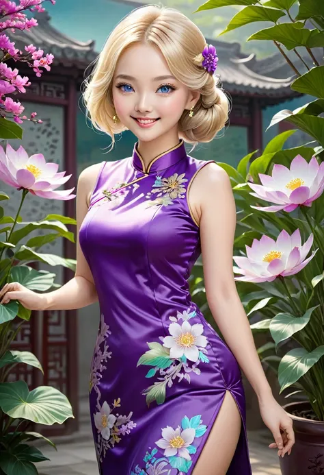 1girl, solo, purple chinese clothes, Cheongsam, blonde hair, looking at viewer, smile, blue eyes, hand, fan, hand on hip, flower, plant, realistic,