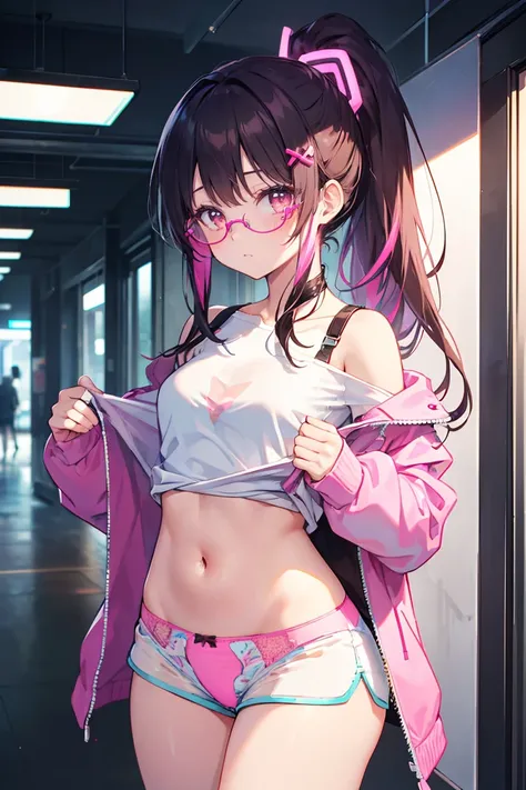 ((Masterpiece)), best quality, absurderes, ultra detailed, holographic, cowboy shot, golden ratio, super cute girl, mature girl, idol girl, super beautiful asian girl with very beautiful violet glowing eyes, glasses, beautiful glowing brown multicolored ha...