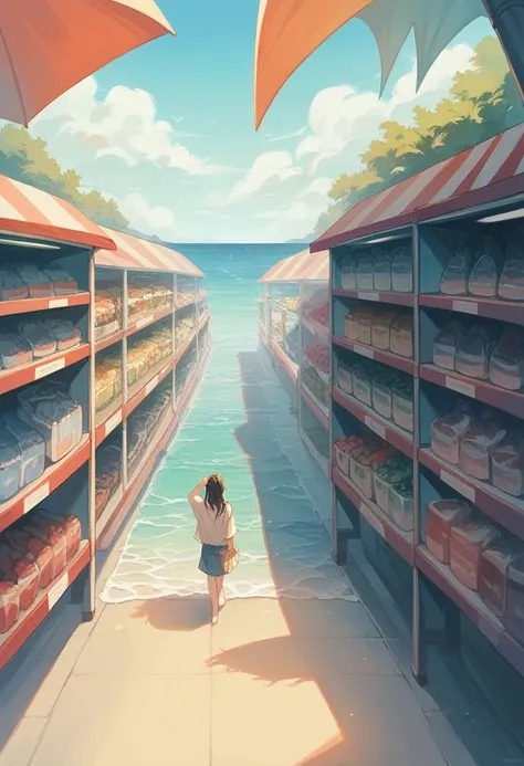 General store, ocean in front of the store, beautiful and charming summer sun and sea, with realistic animation of vivid colors (deep contrast of light and dark), a masterpiece of the highest quality, soothing scenery in 8K picture quality.
