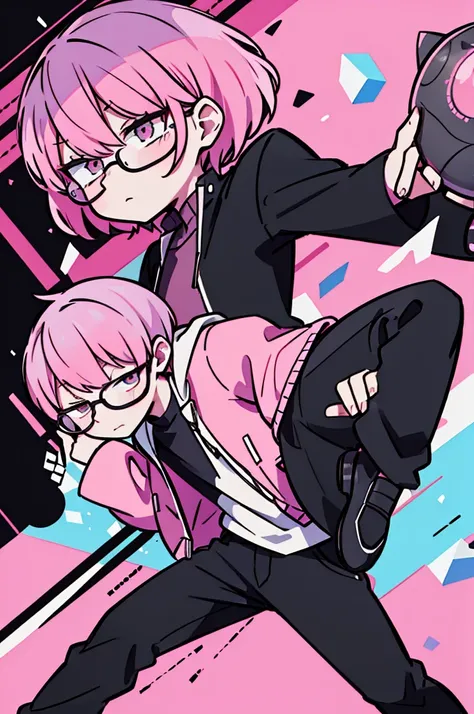 black pants, Sharp image, man, pink hair, wearing a pink jacket. , has a dull, bored face, wears round glasses, has short, neat hair,