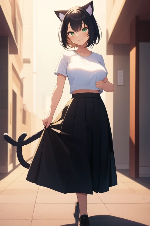 ((best quality)), ((masterpiece)), (detailed), 1girl, medium sized breasts, feminine short hair, black hair, gorgeous women, cat ears, cat tail, green eyes, vertical slit pupils, white shirt, black skirt, long skirt, university background, smiling expressi...