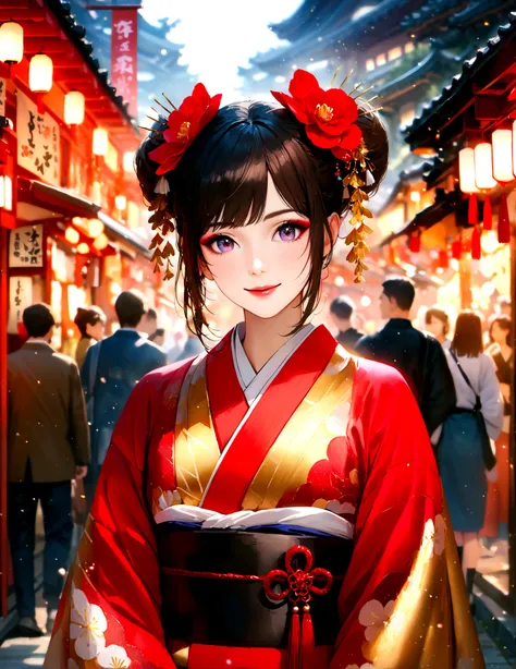 Kyoto, kimono,Maiko makeup,Blur the background,young woman,smile,Glitter effect,Highest quality,8K, High resolution, masterpiece:1.2, Very detailed, Realistic:1.37, High resolution, 超High resolution, Ultra-fine painting, Very detailedな, Vibrant colors