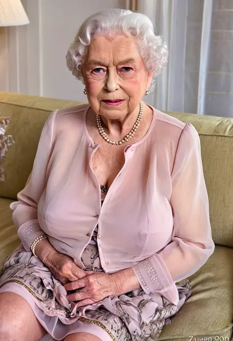 (cum shot), (gigantic saggy breast:1.4), (penis cum on breast:1.5), (Queen elizabeth 90yo:1.4) sitting on sofa, (huge cleavage:1.4), focus on face, (covered in cum:1.4), (on bed), (chiffon pink blouse and skirt:1.4), masterpiece