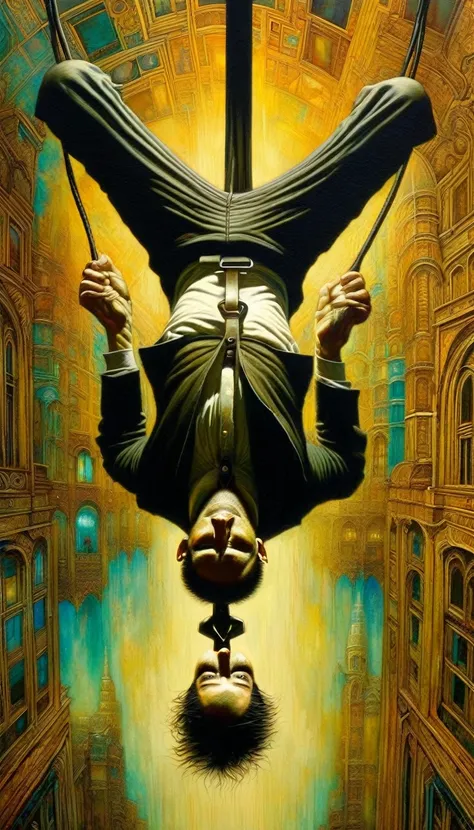 the man hanging upside down, Artwork inspired by Dave Mckean, intricate details, oil painted
