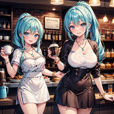 Anime Moe Art Style,Highest quality,High resolution,Anatomically correct,One Girl,Mid-teens,A girl with light blue hair in a ponytail,Super detailed,Fantasy World,Big Breasts,Shiny skin,Beautiful Skin,A rich expression,Laughing with your mouth open,Coffee ...