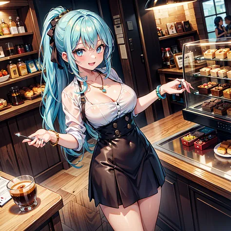 Anime Moe Art Style,Highest quality,High resolution,Anatomically correct,One Girl,Mid-teens,A girl with light blue hair in a ponytail,Super detailed,Fantasy World,Big Breasts,Shiny skin,Beautiful Skin,A rich expression,Laughing with your mouth open,Coffee ...