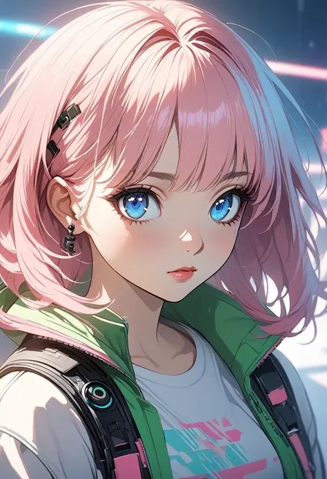 woman, Realistic characters, Green hair and pink hair, blue eyes, anime, alone, Modern, cyber punk