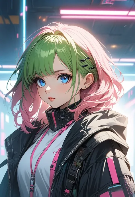 woman, Realistic characters, Green hair and pink hair, blue eyes, anime, alone, Modern, cyber punk