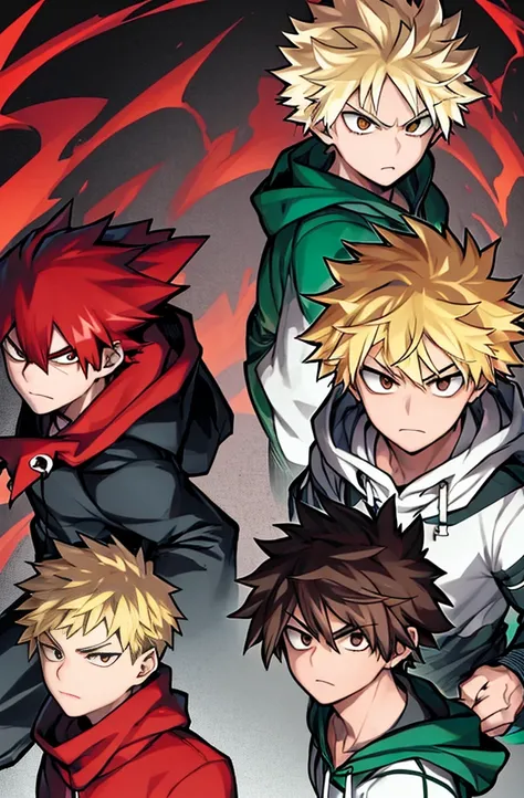 horikoshi kouhei, 1boy, boku no hero academia, straight hair, clean, serious face, detailed hands, eyebrows, short hair, red hoodie, brown eyes, blonde hair, looking at viewer, official art, pale skin, serious, green joggers.