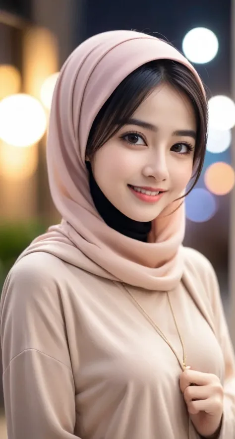 A girl, smile at camera, blushing chick, wearing hijab, and semi casual clothes cover her body with blurry bokeh lamp background, ultra realistic, ultra hd, better quality, 4k image, ((v finger and selfie pose)), 