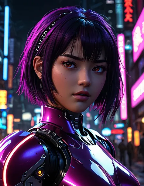 neonpunk style cybernetic robot world of Battle Angle at night, ral-ledlights Alita comes to life in a stunning adaptation, natural skin. Running towards the viewer, she commands attention, revealing every curve and line of her lean athletic form. Her char...