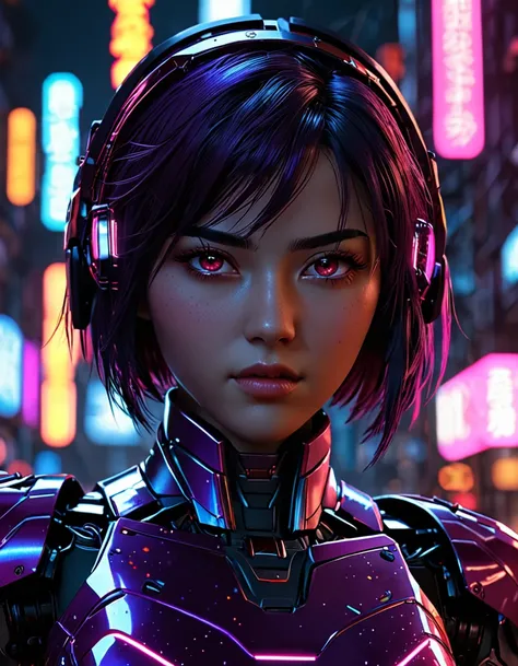 neonpunk style cybernetic robot world of Battle Angle at night, ral-ledlights Alita comes to life in a stunning adaptation, natural skin. Running towards the viewer, she commands attention, revealing every curve and line of her lean athletic form. Her char...