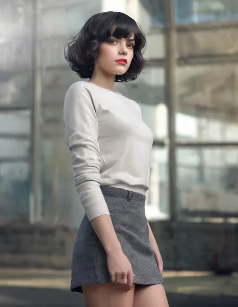 a (full height:1.3) 1girl, solo, looking at viewer, short bob hair, black hair, hazel green eyes, standing, lips, realistic styled into big, voluminous waves., cinematic lighting, epic, inspiring, hdr, 