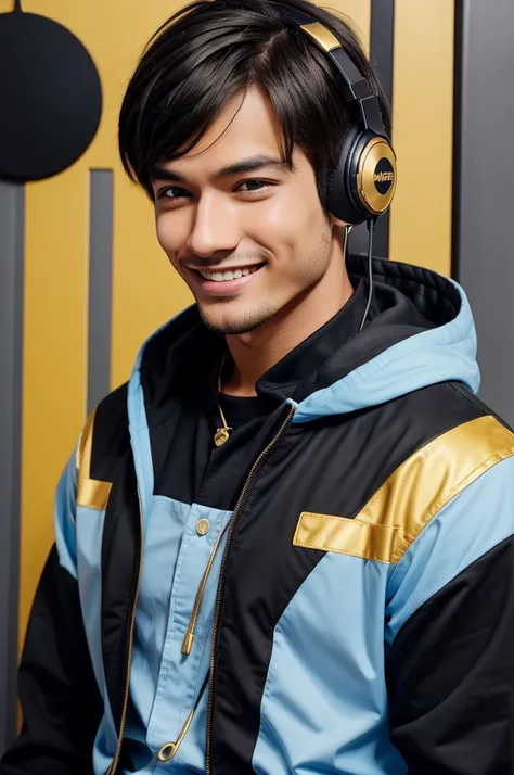 A youtube logo where a guy wears black and golden headphones with a smile on his face with a blue and white shirt make it like a anime character 