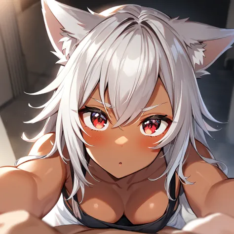 1 girl,Solo,tan,White hair,red eyes,wolf hair,breasts focus
wolf girls,Androgynous,big breast
best quality,very aesthetic,absurdres,pov,downblouse