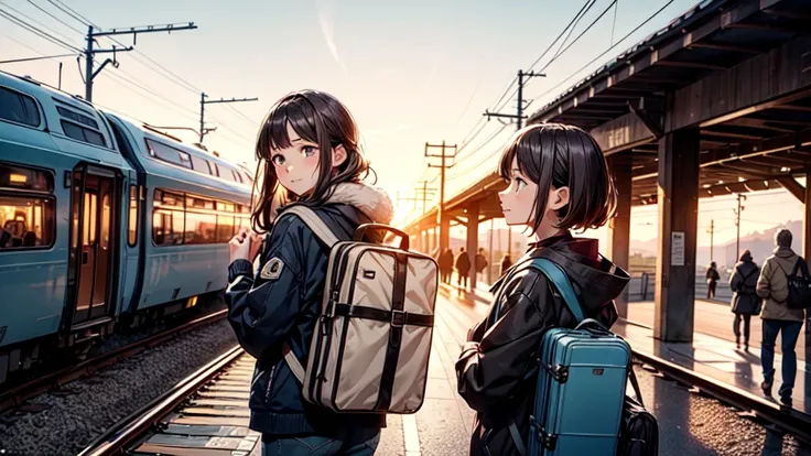 1girl、(((Parent and 、Highest quality、Masterpiece、Official Art、The best dynamic composition)))、(detailed)、Anime Style、A tranquil view of the countryside、Departure、At the station platform、A touching scene in which a single mother holds back tears as she sees...