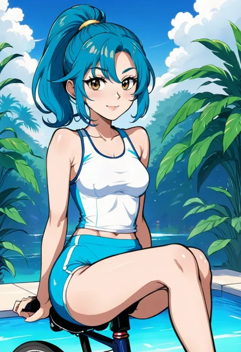 a girl sitting on top of bicycle, dolphin shorts, blue hair, ponytail,
