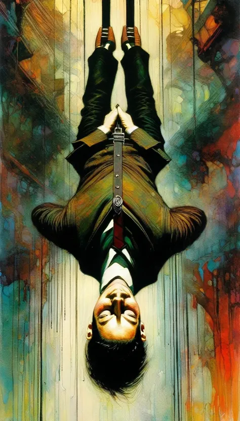 the man hanging upside down, Artwork inspired by  Bill Sienkiewicz and Dave Mckean, intricate details, oil painted
