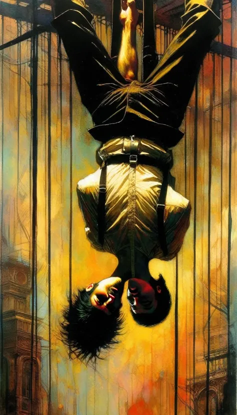 the man hanging upside down, Artwork inspired by Bill Sienkiewicz and Dave Mckean, intricate details, oil painted
