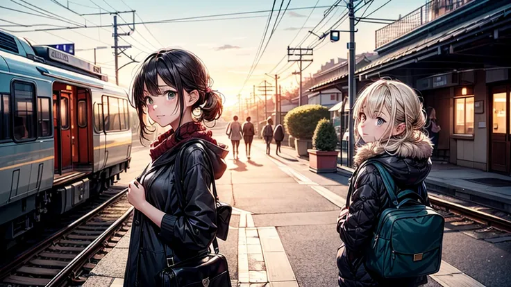 1girl、(((Parent and 、Highest quality、Masterpiece、Official Art、The best dynamic composition)))、(detailed)、Anime Style、A tranquil view of the countryside、Departure、At the station platform、A touching scene in which a single mother holds back tears as she sees...