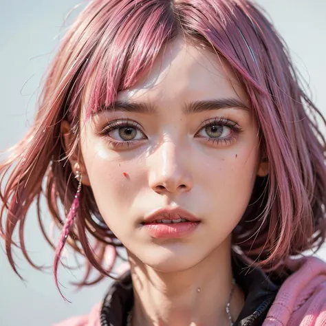 (1 cute girl), (Bright pink hair), Bob Haircut, Blunt bangs,(Front of face), (Extreme Close-up), (View your viewers), (Dynamic Angle), (Splattered sweat), Futuristic cyberpunk cartoon style