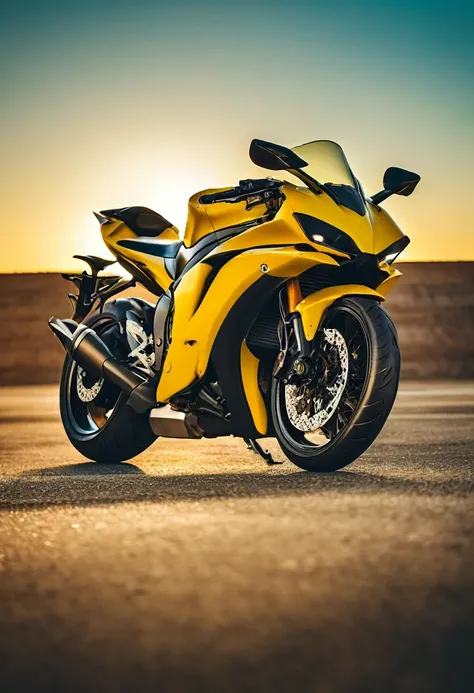 Yellow Yamaha YZF-R7, cinematic camera angle, phone wallpaper, masterpiece quality, cinematic photography