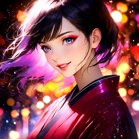 Kyoto, kimono,Maiko makeup,Blur the background,young woman,smile,Glitter effect,Highest quality,8K, High resolution, masterpiece:1.2, Very detailed, Realistic:1.37, High resolution, 超High resolution, Ultra-fine painting, Very detailedな, Vibrant colors