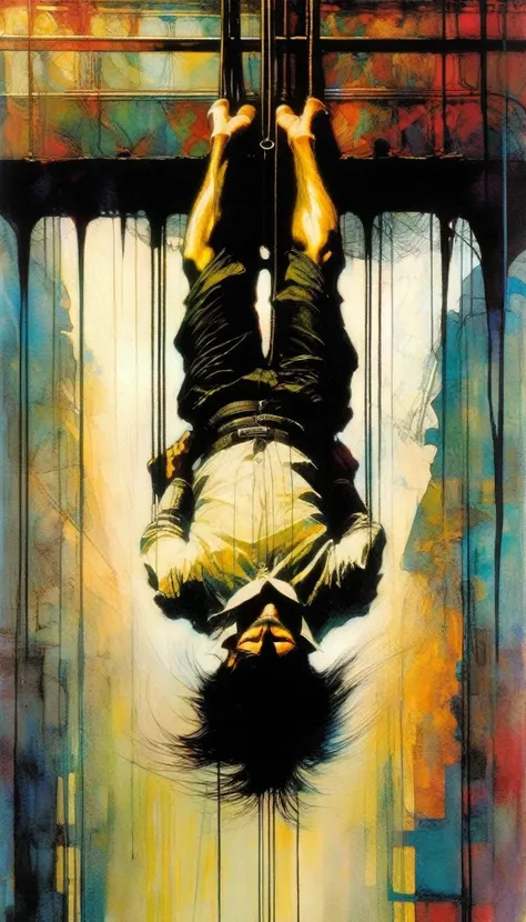 the man hanging upside down, Artwork inspired by Bill Sienkiewicz, intricate details, oil painted
