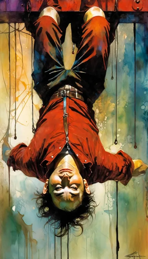 the man hanging upside down, Artwork inspired by Bill Sienkiewicz, intricate details, oil painted
