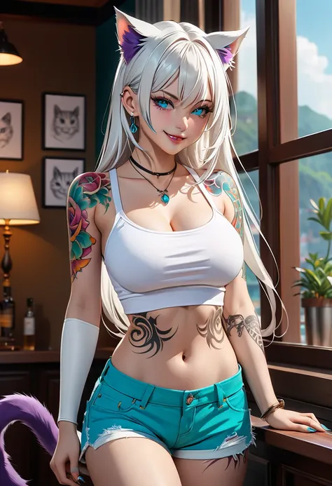 Young girl, long white hair, cat ears, cat tail, multi-colored eyes, heterohromia, left eye purple, right eye turquoise, white top, shorts, lot of tattoo, scars, open belly, wide neckline, boob window, smirk, claws, sexy pose, Masterpiece, best quality, Fu...