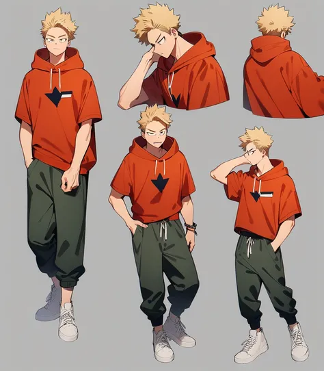 One boy, male focus, brown and blond hair, boku no hero academia, masterpiece, best quality, very aesthetic, red hoodie, navy green joggers, white leather boots, full body illustration, casual front pose.