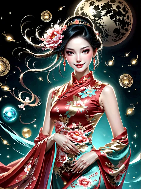 (full-body shot:1.4), space art, 1 cheongsam woman，whole body，standing，transparent robotic arm，slim body，perfect proportions，exq...