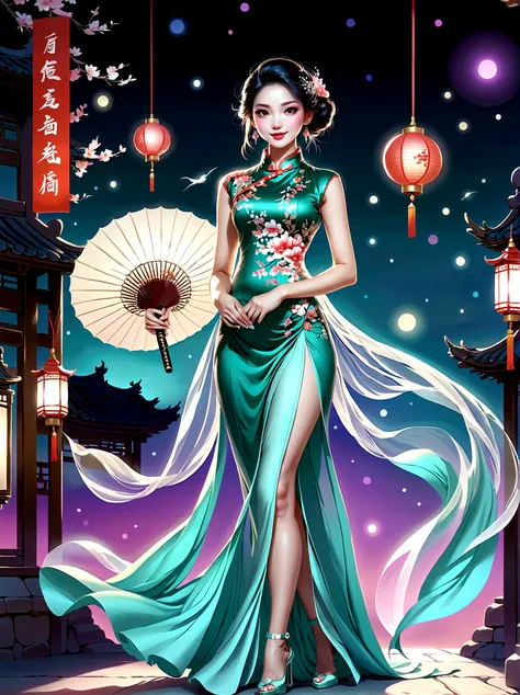 (full-body shot:1.4), space art, 1 cheongsam woman，whole body，standing，transparent robotic arm，slim body，perfect proportions，exq...