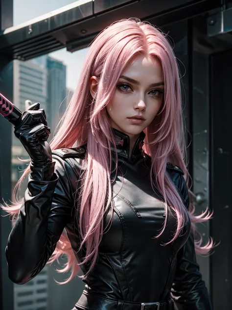 Upper body close-up image. A beautiful woman. She has long pink hair. She wears a black metallic combat uniform. He has a Razor Saber in one hand.