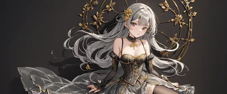 １8 year old medieval girl, In underwear、Gold and silver thread embroidery、Knee-length semi-transparent bloomers（Drawers）Wearing、Wearing a semi-transparent corset、Translucent slip, Grey translucent tights、sleep