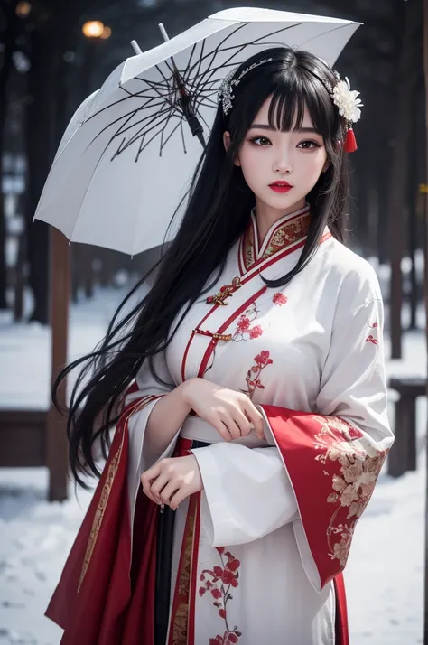 Hot snow,1 girl,standing alone,umbrella,oil-paper umbrella,blurry,gazing at viewer,hair ornament,red lips,trunk,Bblack hair,Chinese clothing,Depth of field,lips,blurry background,realisitic,bokeh,make up,lipstick,
best qualityer,work of art,illustration,ex...