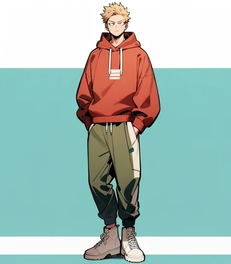 One boy, male focus, brown and blond hair, boku no hero academia, masterpiece, best quality, very aesthetic, red hoodie, navy green joggers, white leather boots, full body illustration, casual front pose.