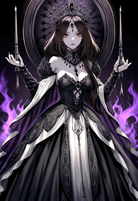 Queen of spades pattern design,poker,Draw an image of an aristocratic woman, Alabaster skin and brown eyes that exude a brutal aura., She wears a sinister tiara studded with dark jewels.,Wearing a beautiful dress, She holds a scepter decorated with evil sy...