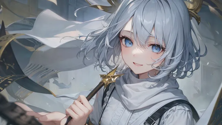 Her eyes were shining、Mysterious and enchanting atmosphere。With AI Painting、とてもShort Hair, Long bangs between the eyes, Grey Eyes , Very detailed,(masterpiece、Highest quality)、alone、Gray Hair、Fantasy, Silver Hair, Beautiful Eyes,Ecstasy, charm, attract the...