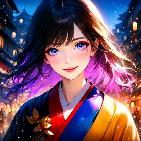 Kyoto, kimono,Maiko makeup,Blur the background,young woman,smile,Glitter effect,Highest quality,8K, High resolution, masterpiece:1.2, Very detailed, Realistic:1.37, High resolution, 超High resolution, Ultra-fine painting, Very detailedな, Vibrant colors