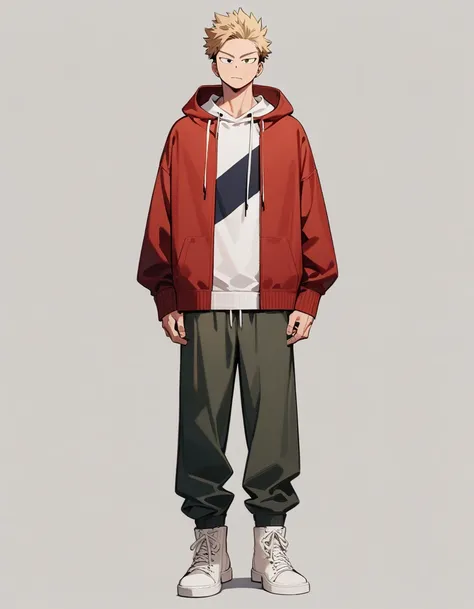 One boy, male focus, brown and blond hair, boku no hero academia, masterpiece, best quality, very aesthetic, red hoodie, navy green joggers, white leather boots, full body illustration, casual front pose.