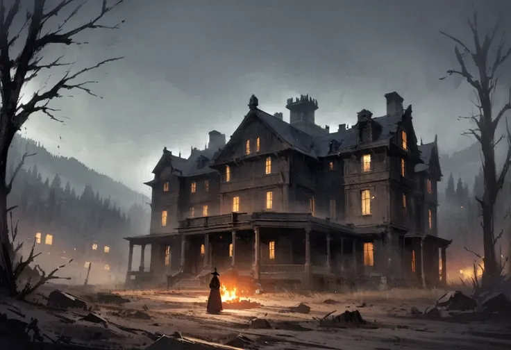 Western style、Western、A large old Western-style mansion、Dark atmosphere、scenery、building、night、in the forest、Creepy、suspicious、No lights on、blackout
