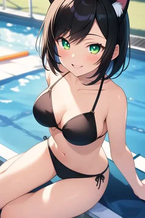 ((best quality)), ((masterpiece)), (detailed), 1girl, medium sized breasts, feminine short hair, black hair, gorgeous women, cat ears, green eyes, vertical slit pupils, black bikini, university pool background, smiling expression, wide shot, full body