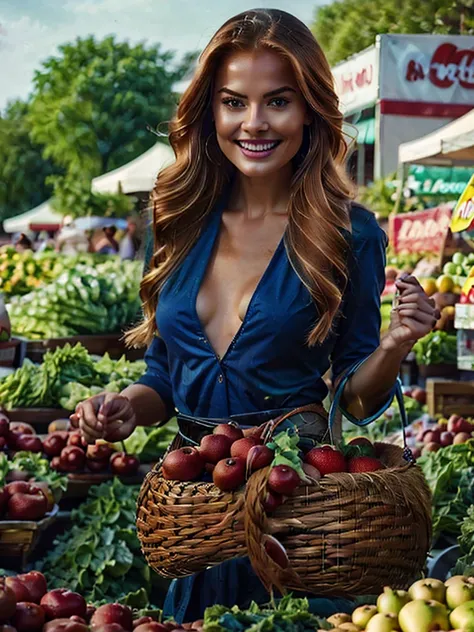 Generate an extremely photorealistic image of a gorgeous professional female Instagram influencer model with long reddish-blonde hair, captivating eyes, in a fun, candid photo at a local farmer’s market. She is holding a basket of fresh produce and smiling...